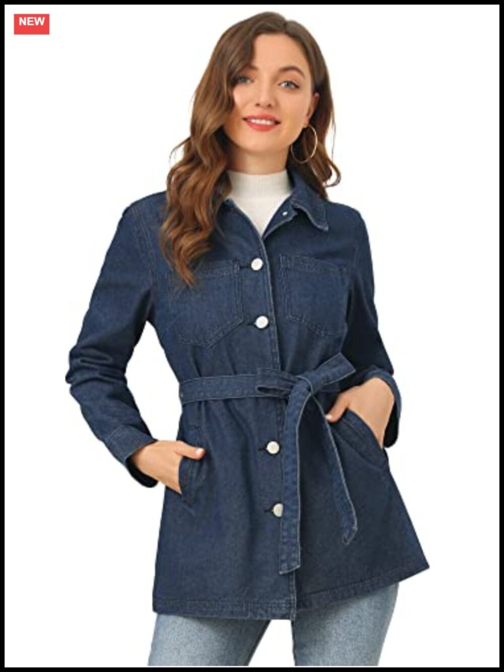Women's Long Denim Jacket Tie Waist Button Down Jean Jacket